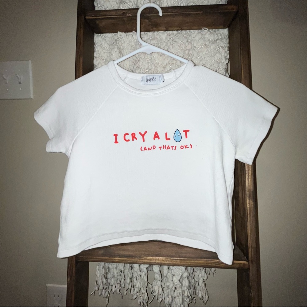 the mayfair group white crop top graphic “i cry a lot” ribbed tee